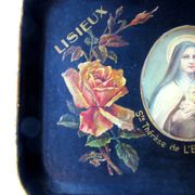 Small Napoleon III tray in painted black chewed cardboard, Sainte Thérèse de Lisieux