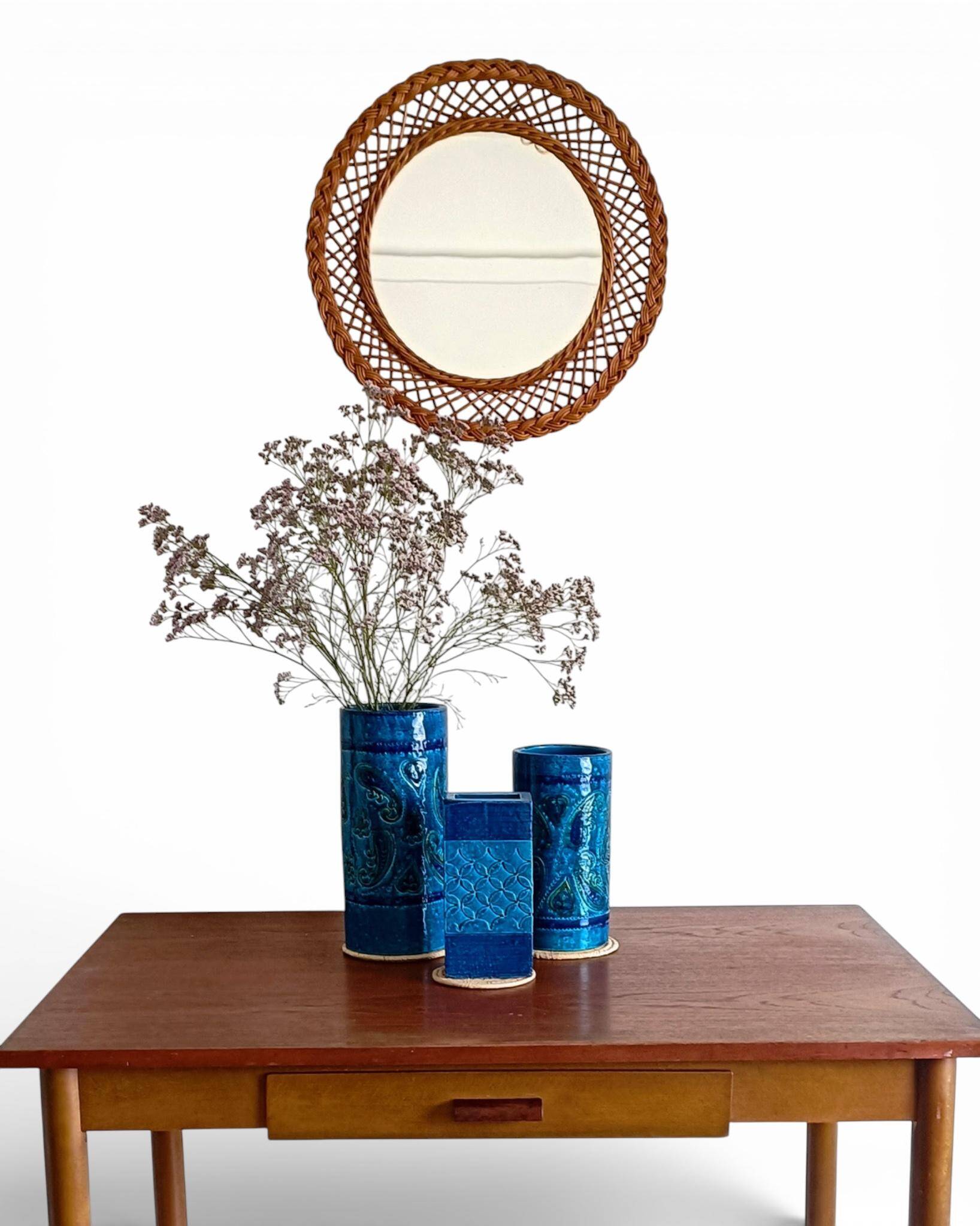 Rustic French Provence Wicker Round Mirror, Organic Modern, Handmade, France