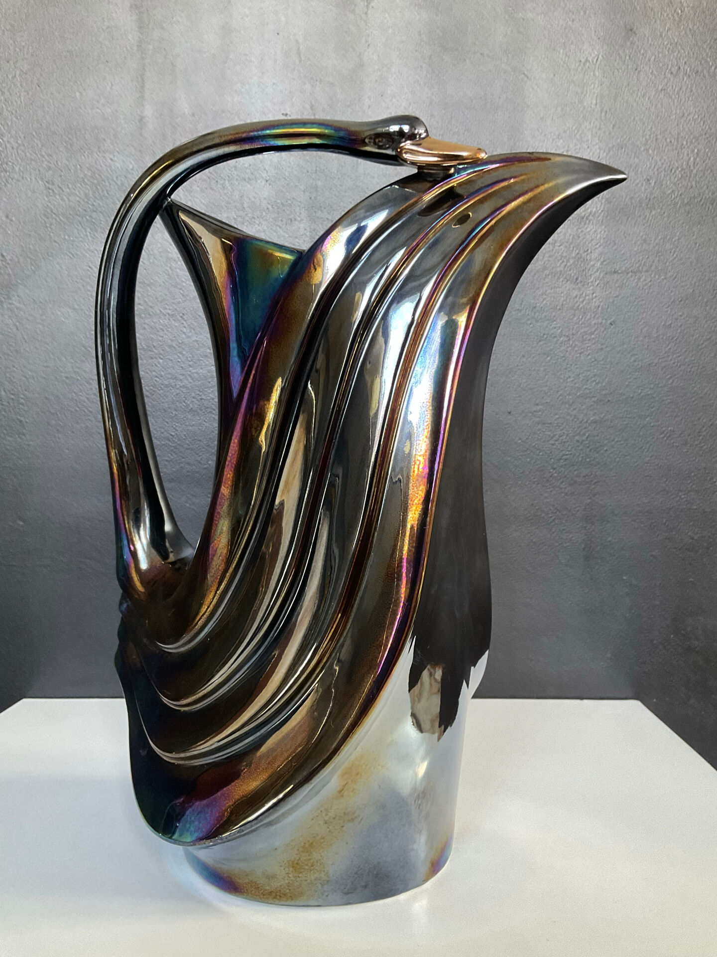 Iridescent ceramic pitcher from Bassano, Italy, from the 1970s.