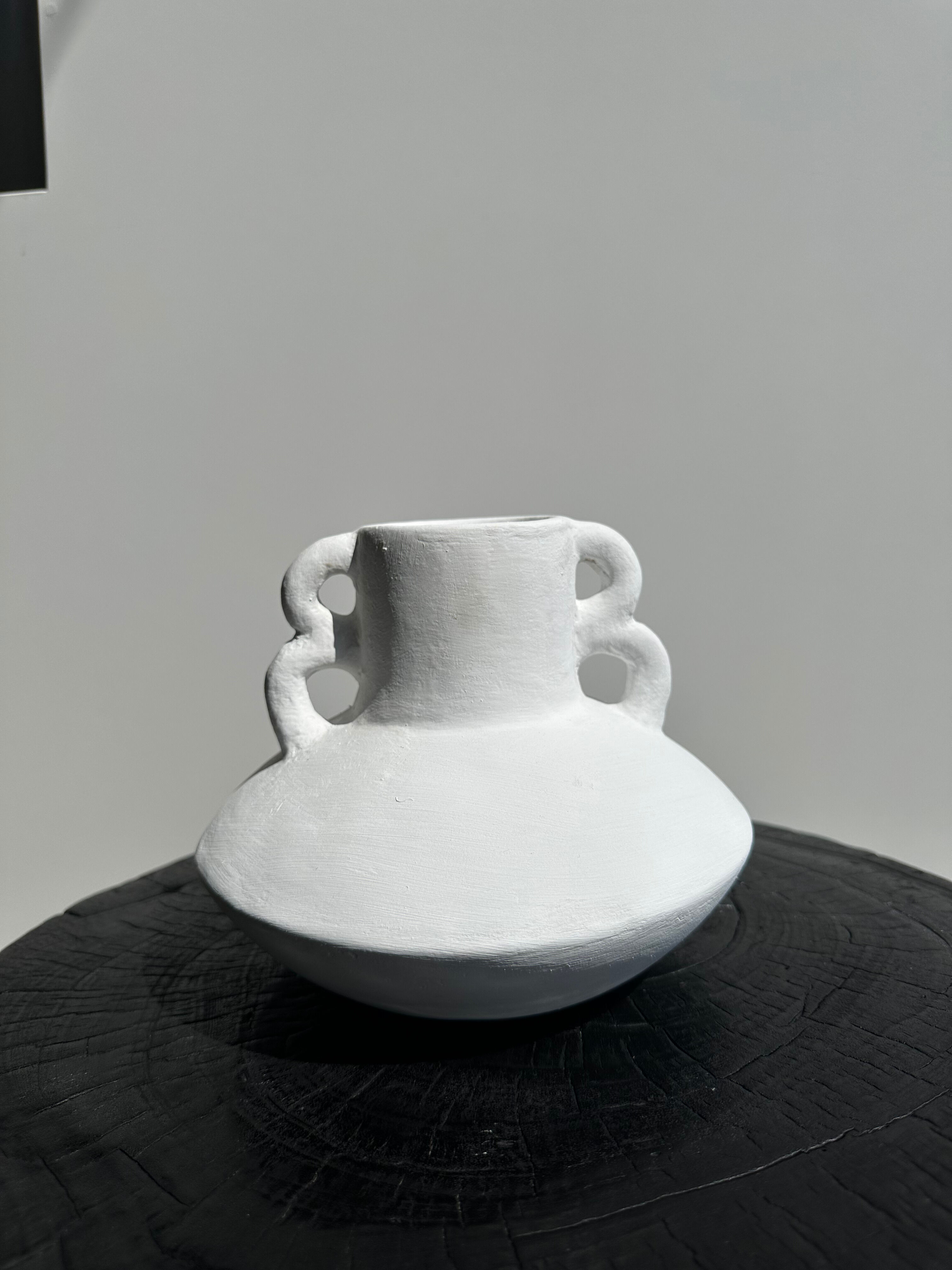 Handmade terracotta vase painted white with double handles H:16 D:20