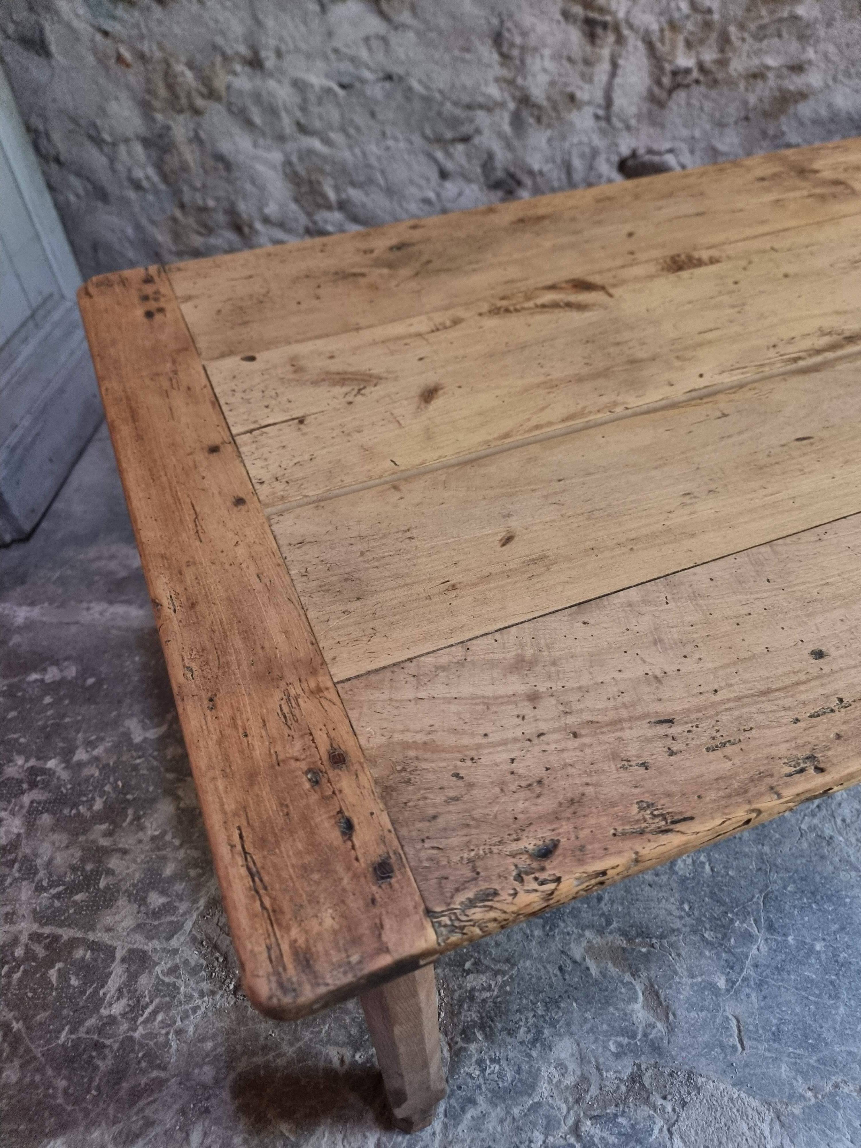 Old farmhouse dining table, rustic kitchen, poplar top, chestnut base, two drawers, 1800–1850.
