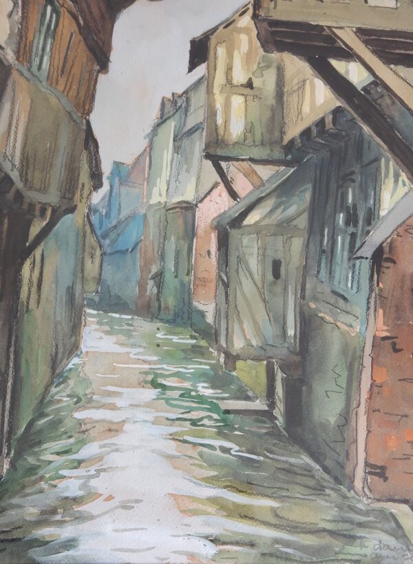 Aquarelle encadrée maisons à colombages