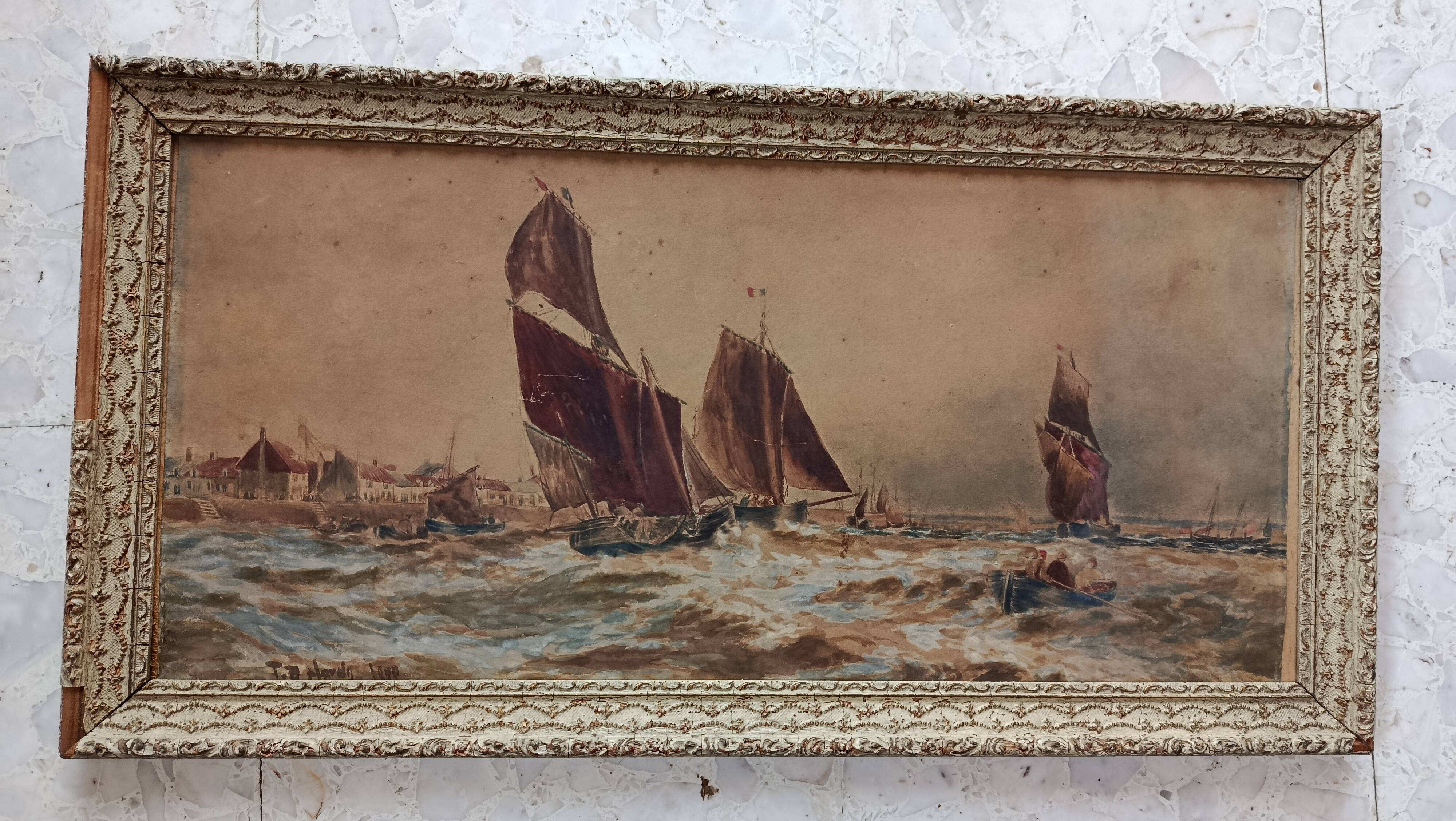 Marine watercolor 1890 by thomas bush hardy, sailing boats near the coast