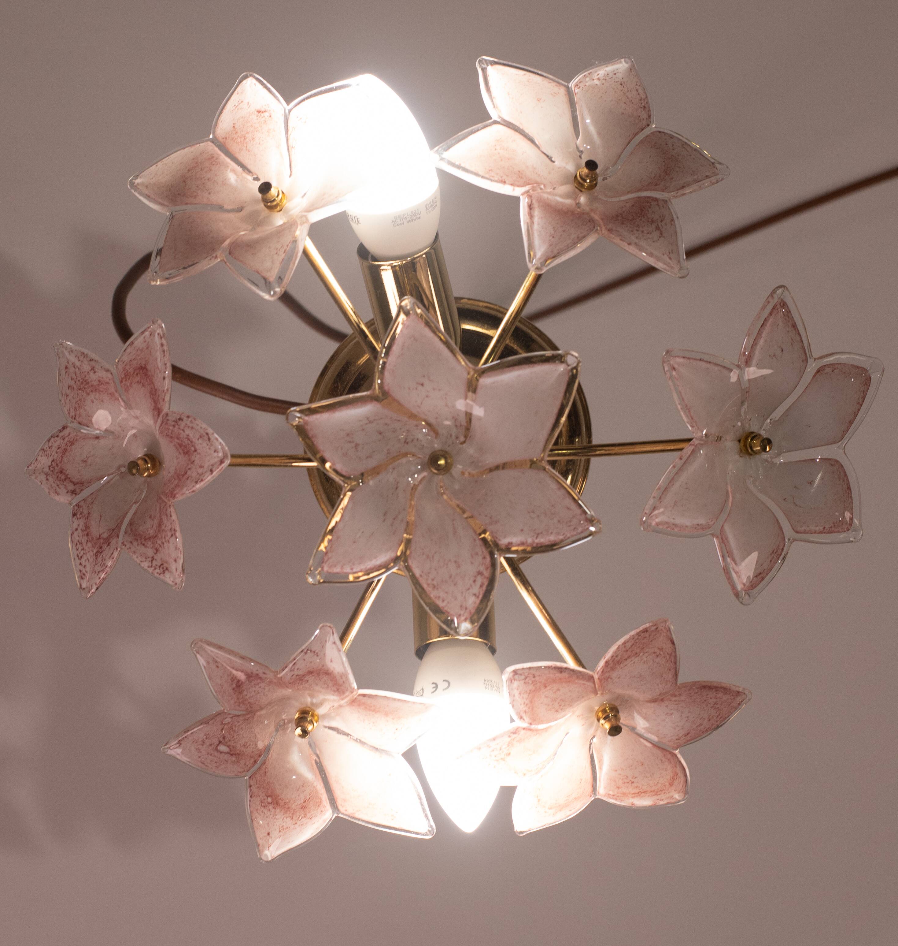 Lovely Murano Vintage Ceiling Light Pink Flowers, 1970s