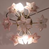 Lovely Murano Vintage Ceiling Light Pink Flowers, 1970s
