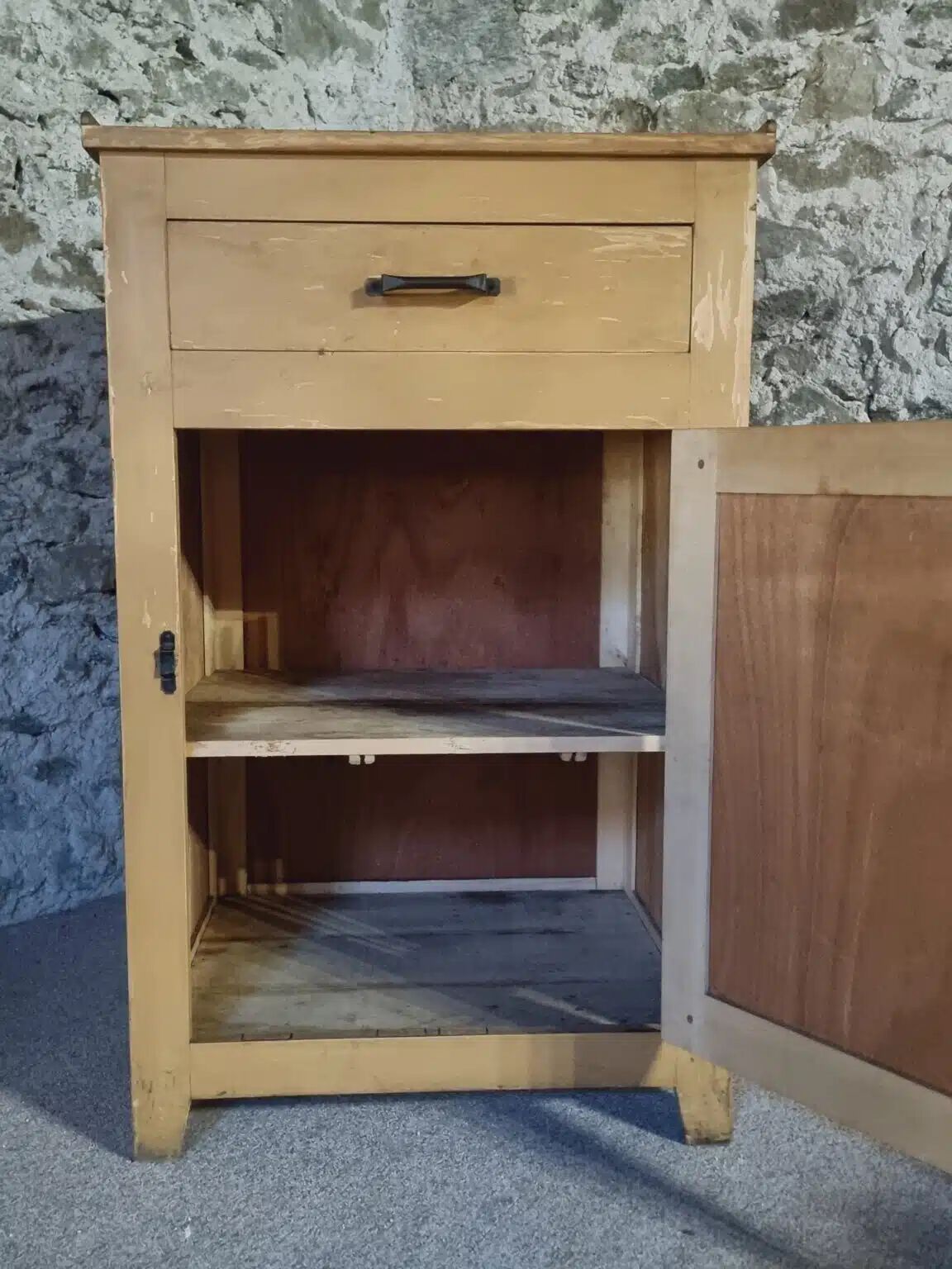 Vintage French Kitchen Work Cabinet - Rustic Painted Pine with Drawer and Cupboard (112 x 70 x 82 cm)