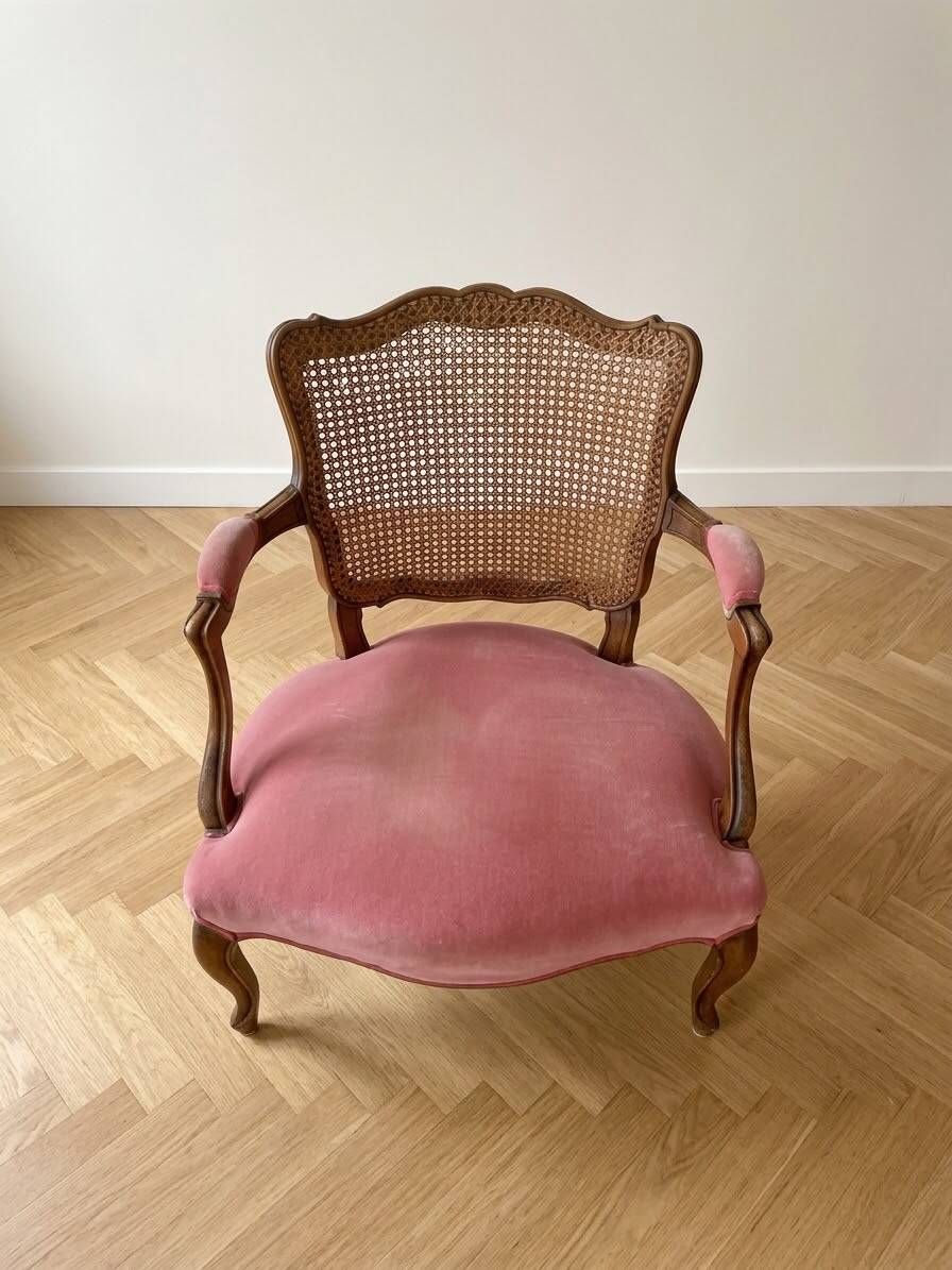 Pair of antique Louis XV armchairs in wood, caning and pink velvet.