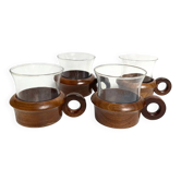 4 Schott Mainz Jeanner cups, teak & glass design from the 60s.
