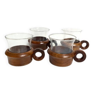 4 Schott Mainz Jeanner cups, teak & glass design from the 60s.