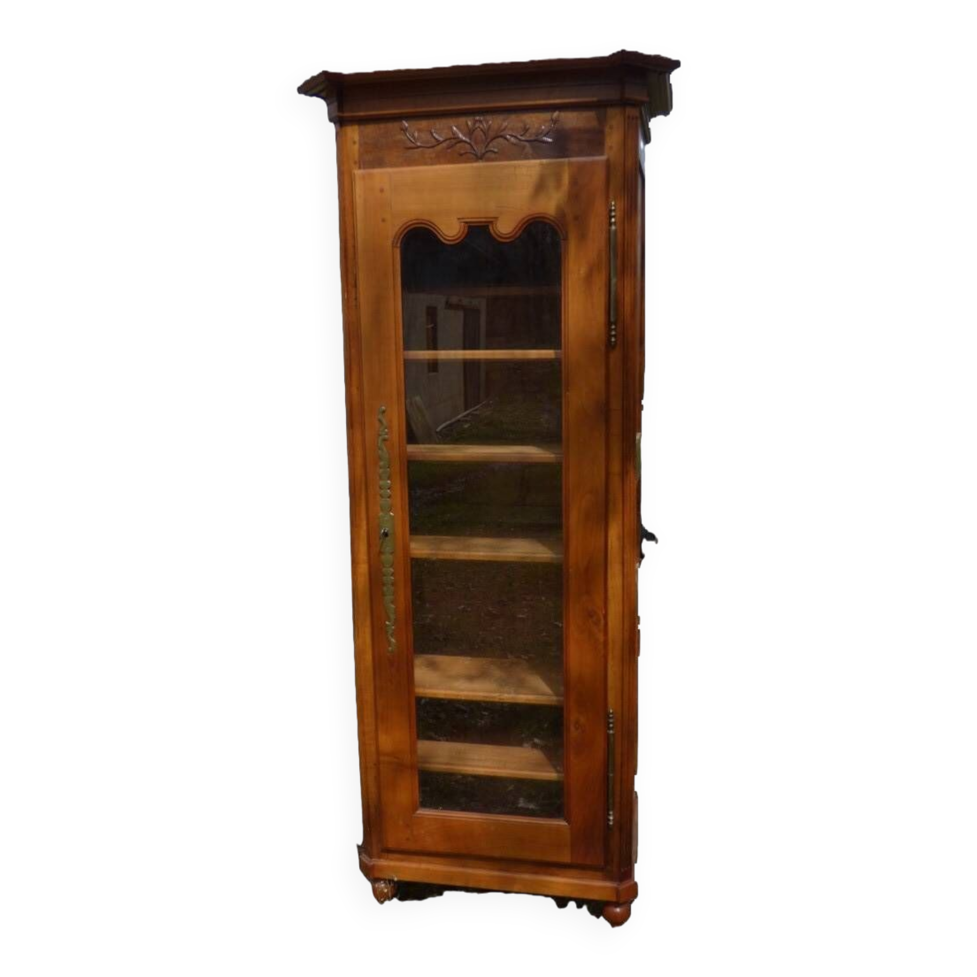 Showcase 1 glass door in solid cherry wood with sculpture - Very good condition
