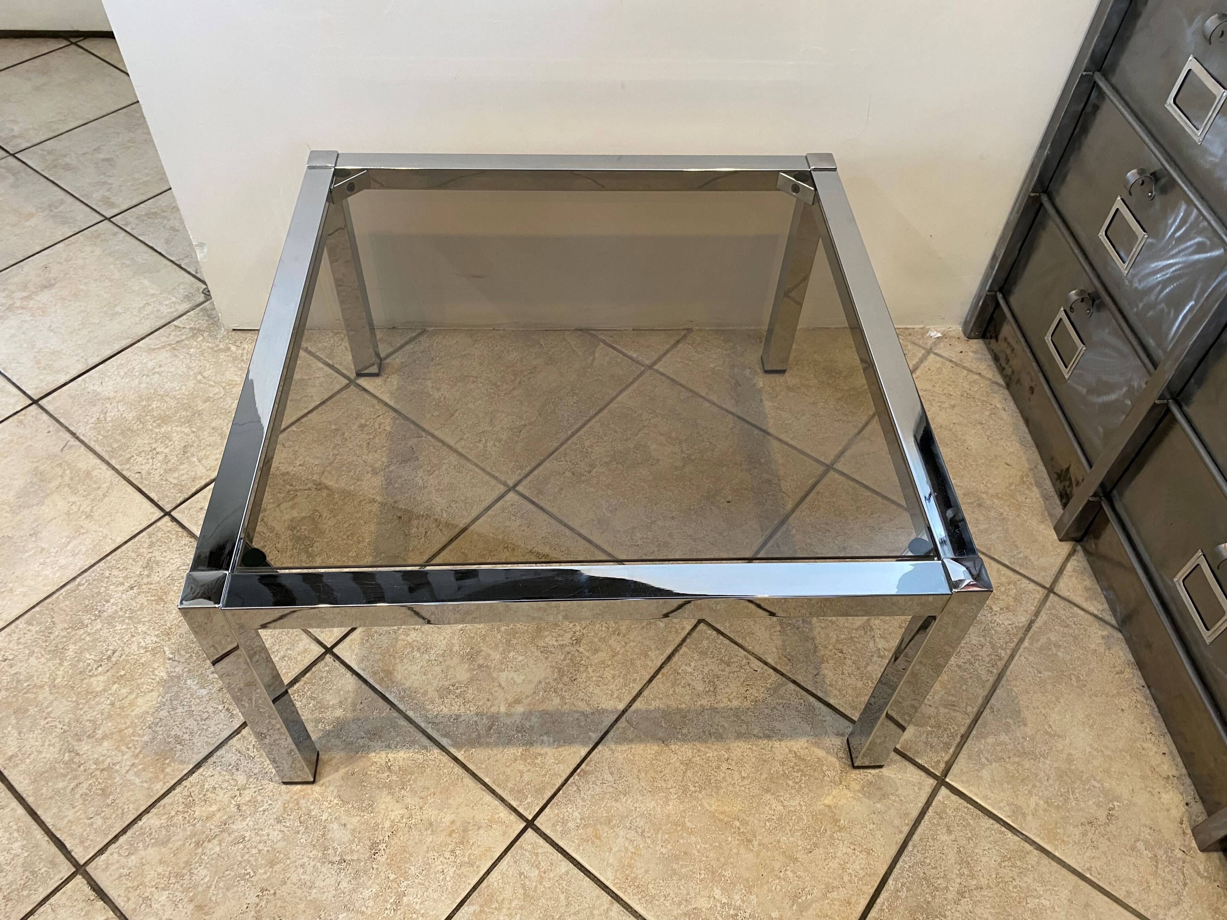 Square coffee table with smoked glass top and chrome base an70