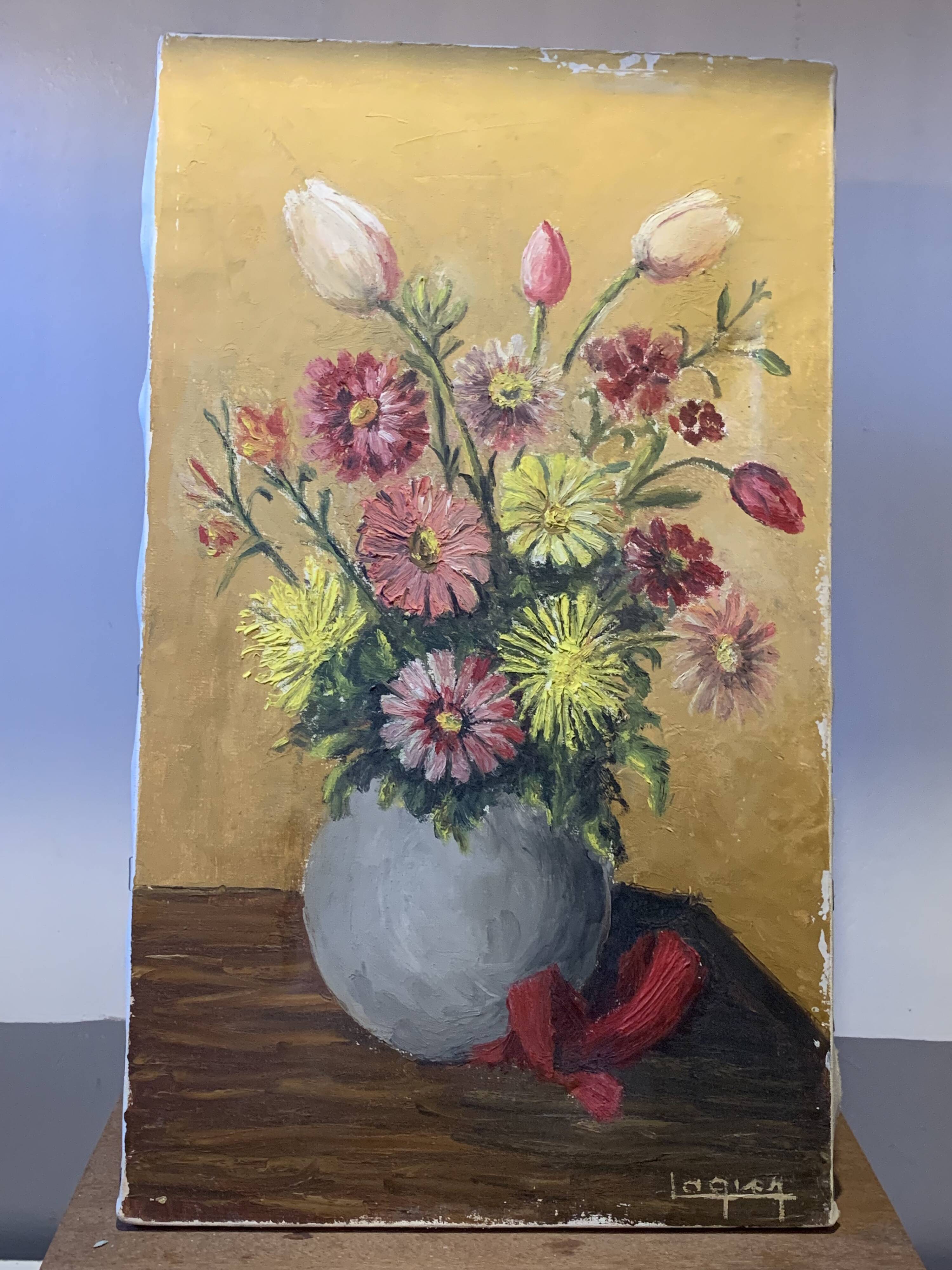 Painting the bouquet of flowers signed Lagier, canvas stretched on vintage frame