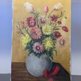 Painting the bouquet of flowers signed Lagier, canvas stretched on vintage frame