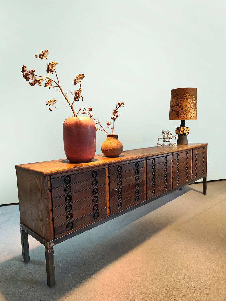 Spanish vintage brutalist oak chest of drawers sideboard cabinet