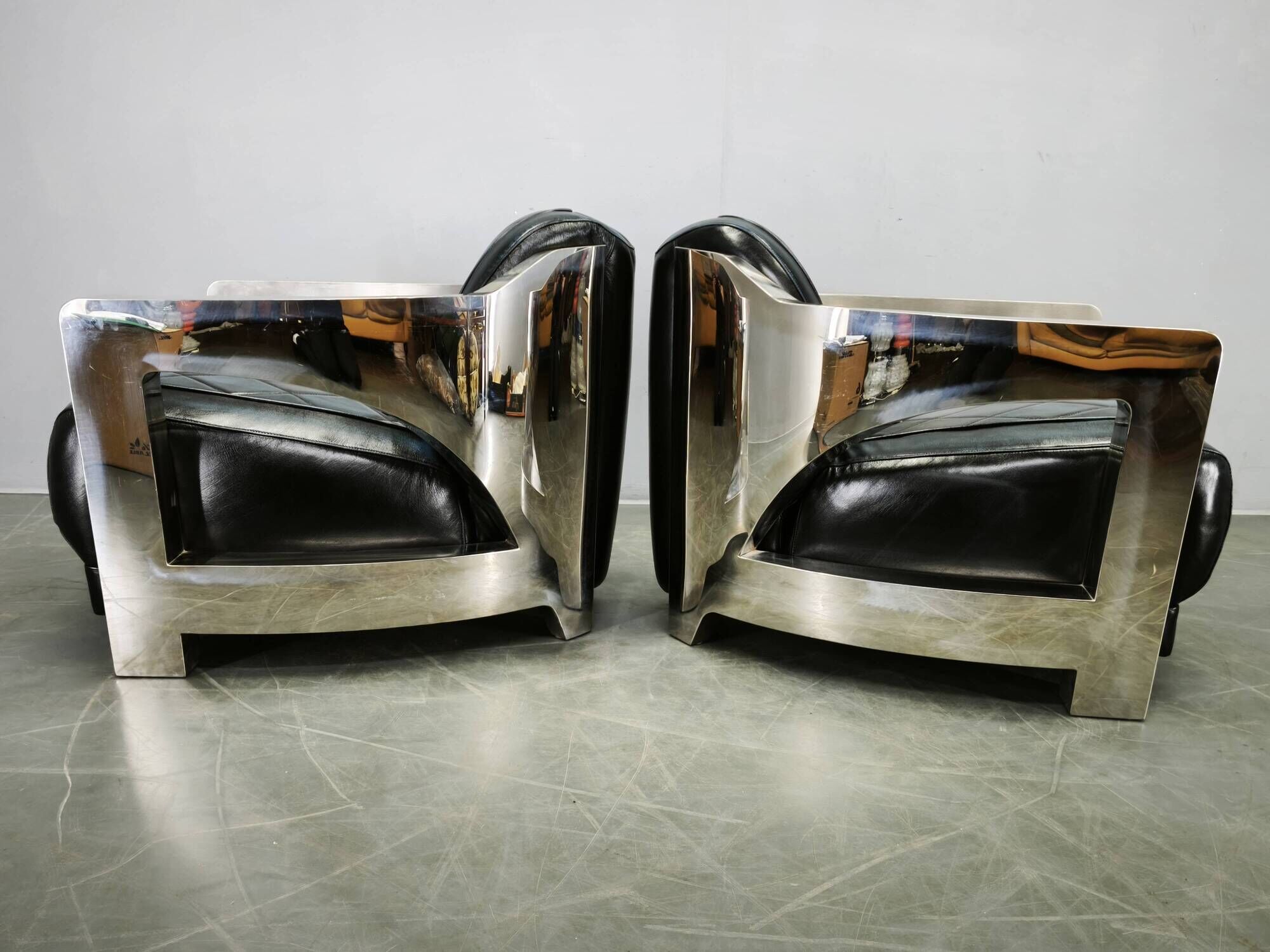 Pair of Timothy Oulton Aviator Leather and Steel Armchairs 1990s