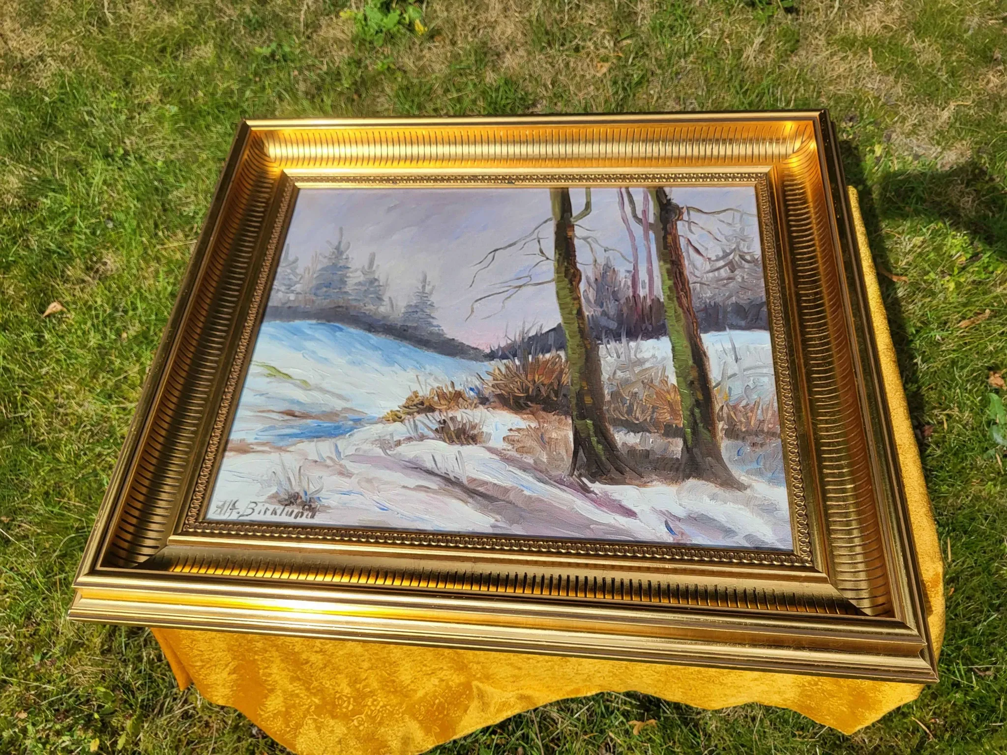 Vintage Winter Landscape with Birch Trees Oil Painting
