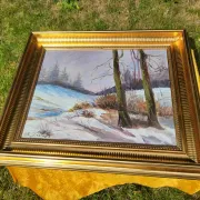 Vintage Winter Landscape with Birch Trees Oil Painting