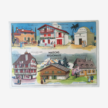 Ancienne affiche scolaire MDI : Maisons Régionales & Le Plan de la maison.