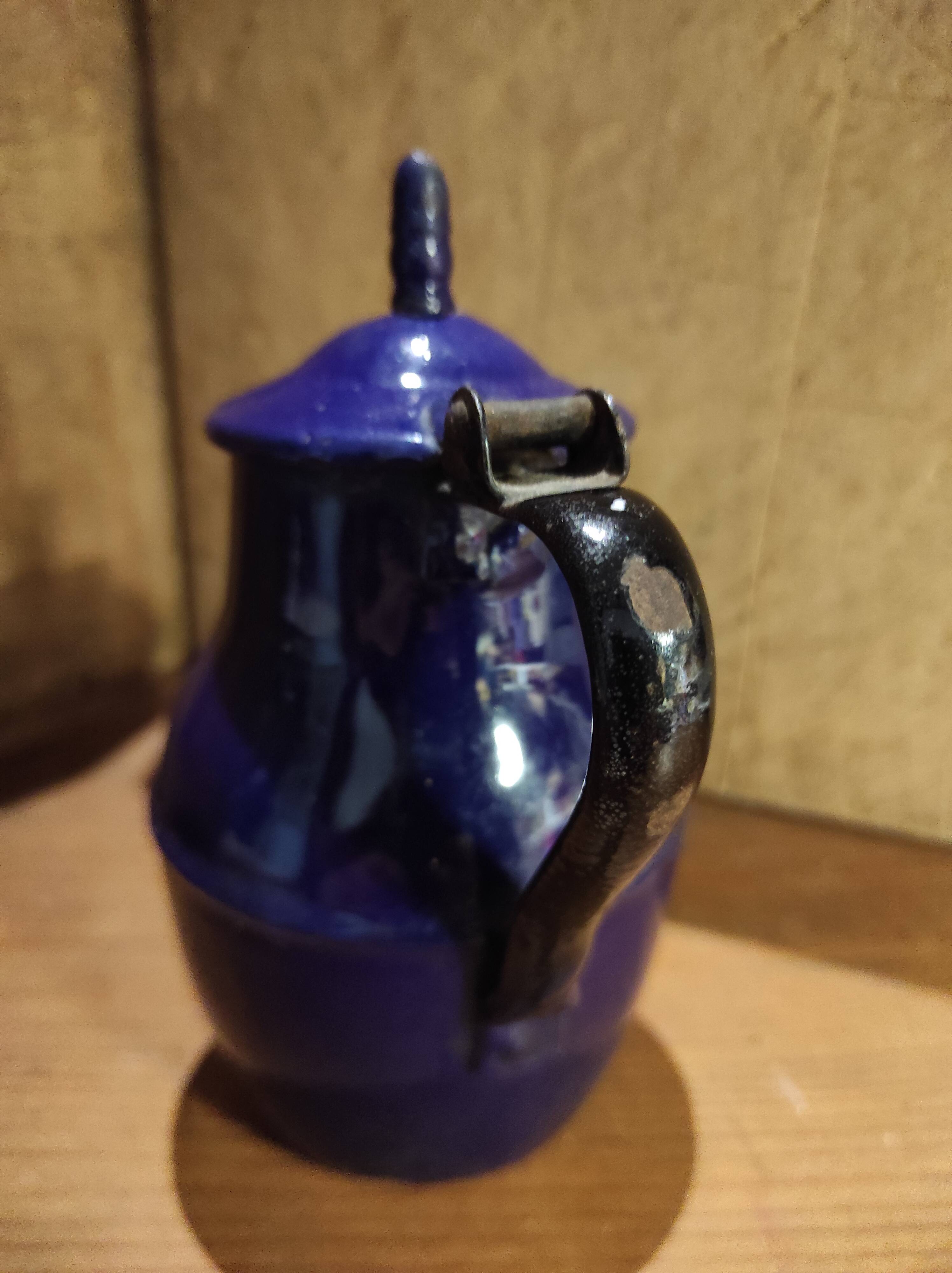 Small vintage French jug with lid, in blue enamel