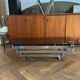 70s design coffee table in rectangular glass with chrome legs.