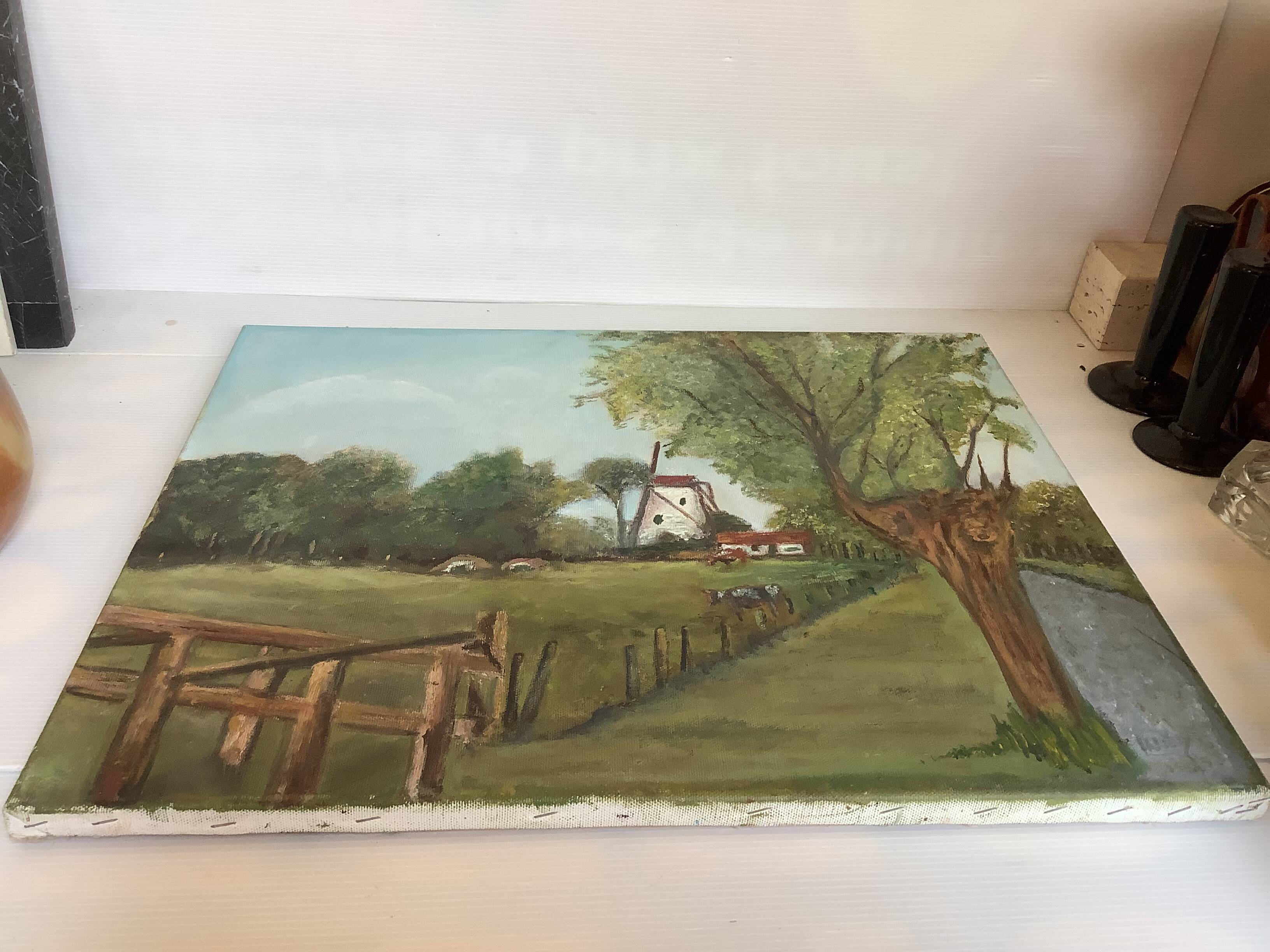 Landscape painting of a countryside windmill oil on canvas