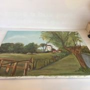 Landscape painting of a countryside windmill oil on canvas