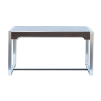 Chrome metal desk and black tinted glass