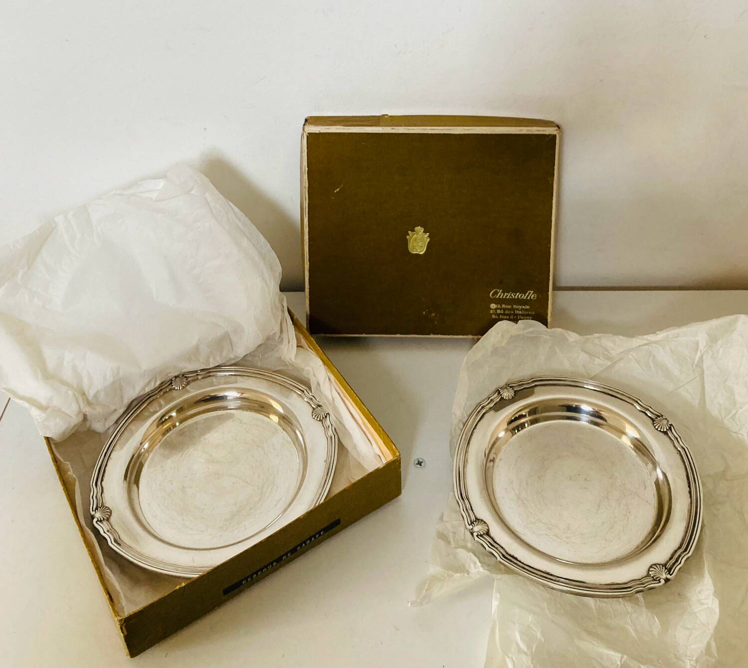 Christofle / galia trays in hallmarked silver metal in their case