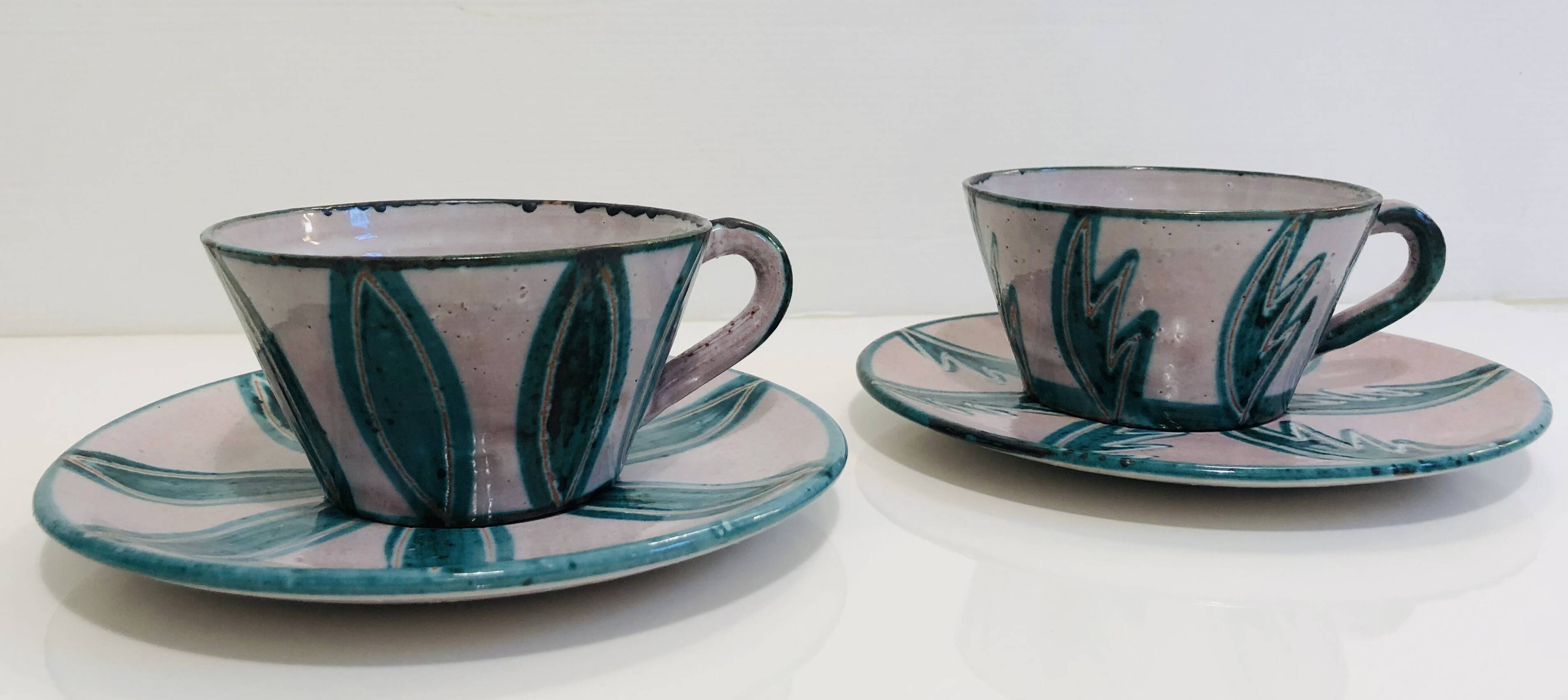 Two coffee or tea cups with their saucer Charles Voltz Vallauris 50s