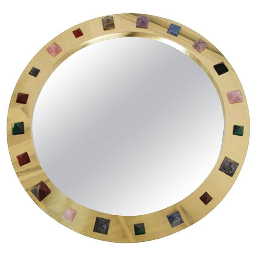 Modern Circular Mirror with Brass Frame and Semi-Precious Stone