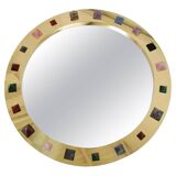 Modern Circular Mirror with Brass Frame and Semi-Precious Stone