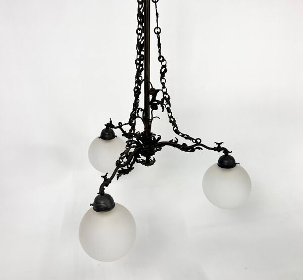 Lustre gothique vintage en laiton et verre, 1970s