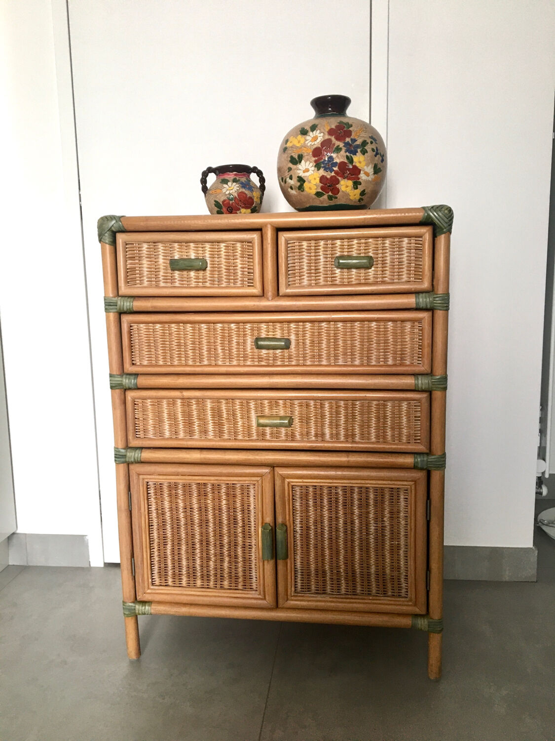 Vintage natural rattan chest of drawers 80s
