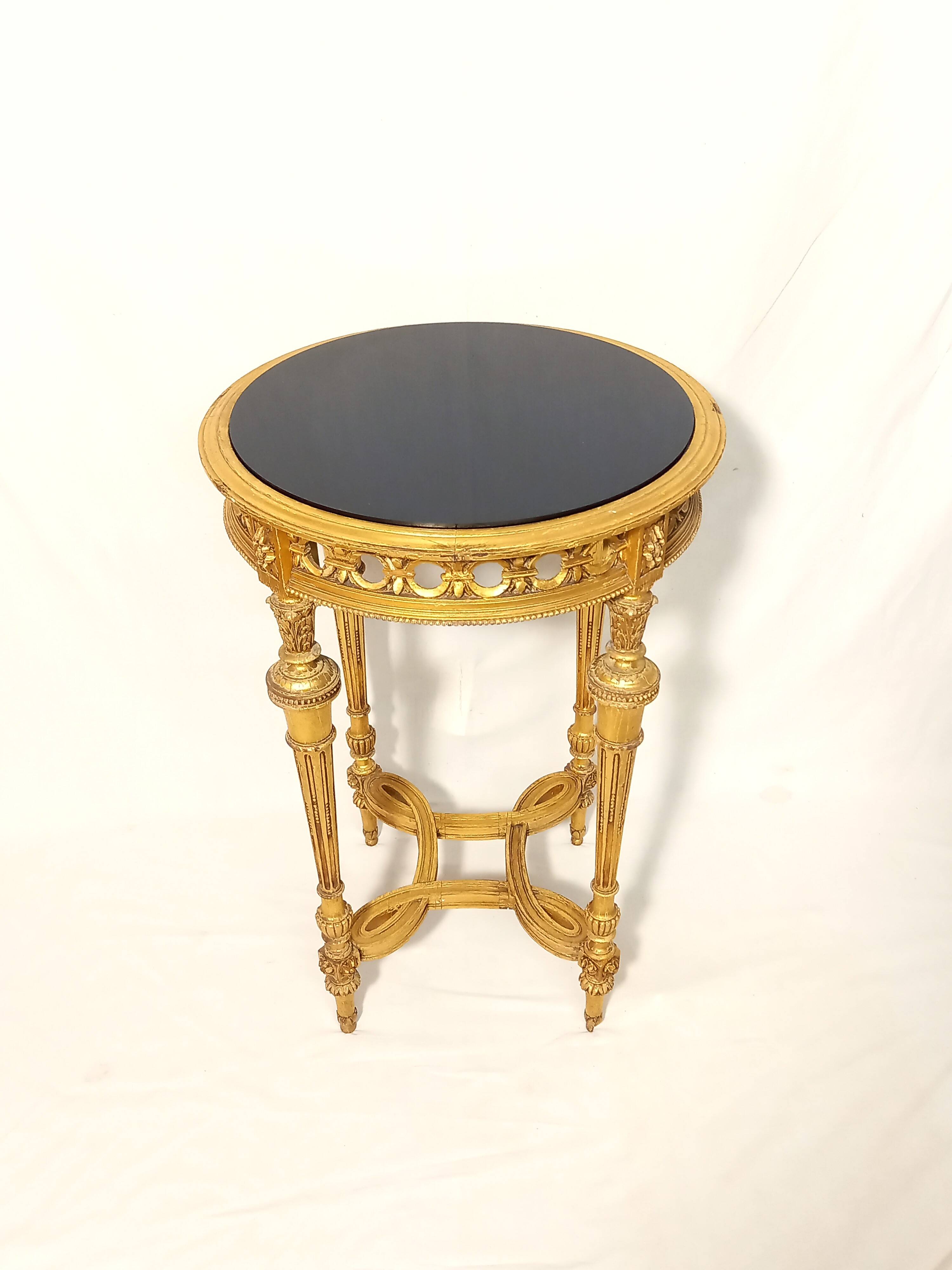 Napoleon III Pedestal Table (late 19th C.) Gilded and Carved Wood with Modern Black Top
