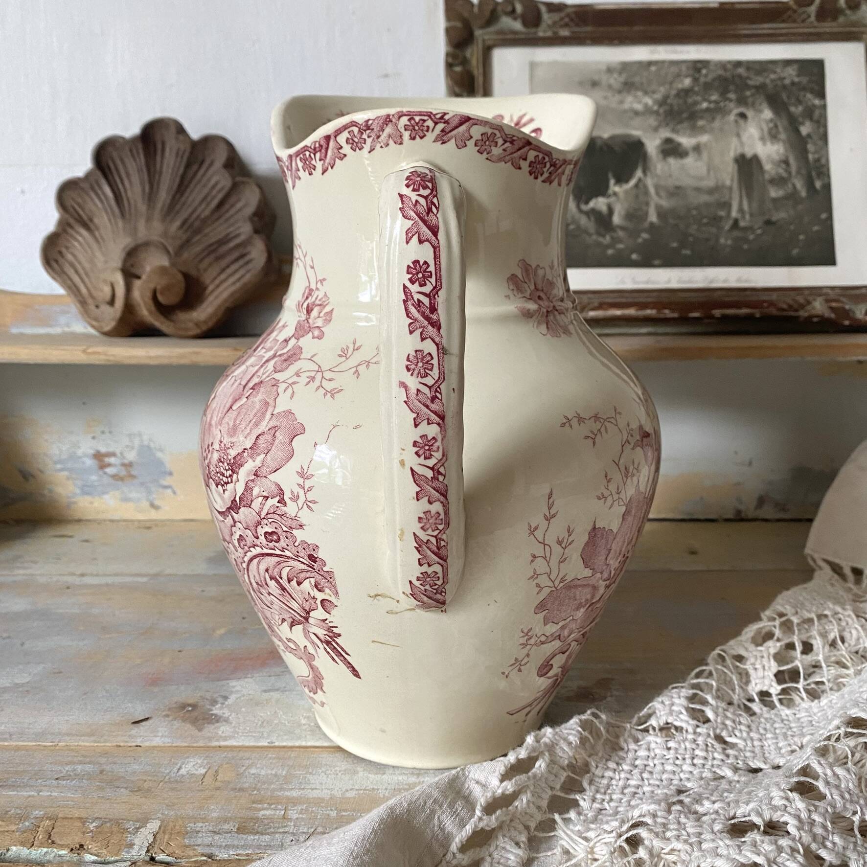 Large ironstone jug St Amand Anemone, antique pitcher