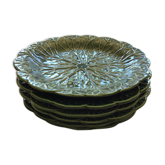 6 assiettes feuille de choux barbotine verte