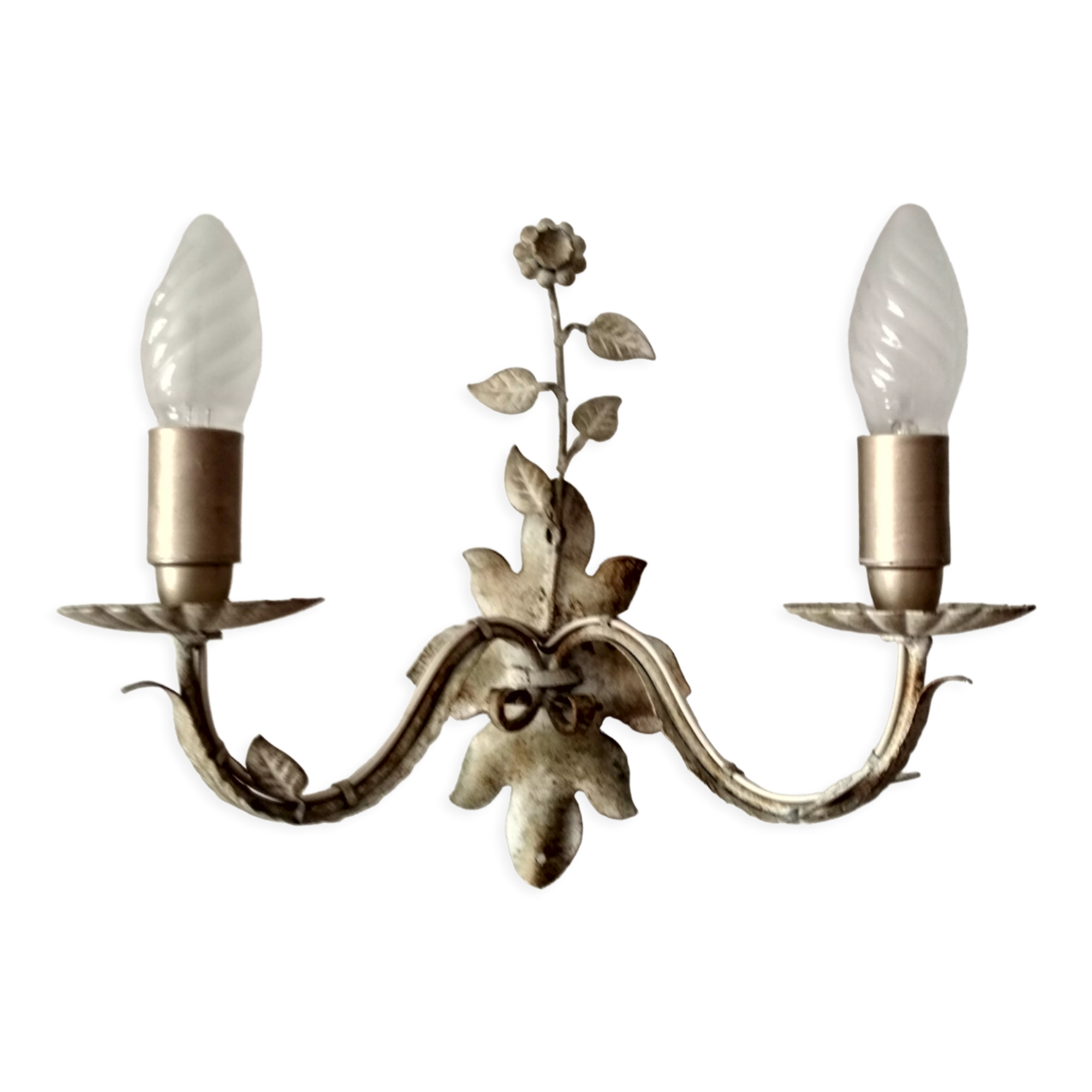 White glazed metal wall light with leaf and flower decor, 2 lights
