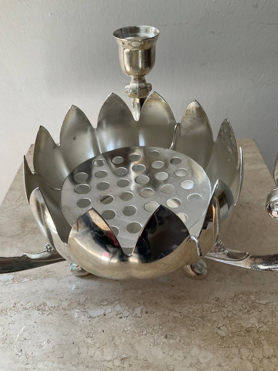 Lotus candle holder vintage spade flowers 3 lights silver metal