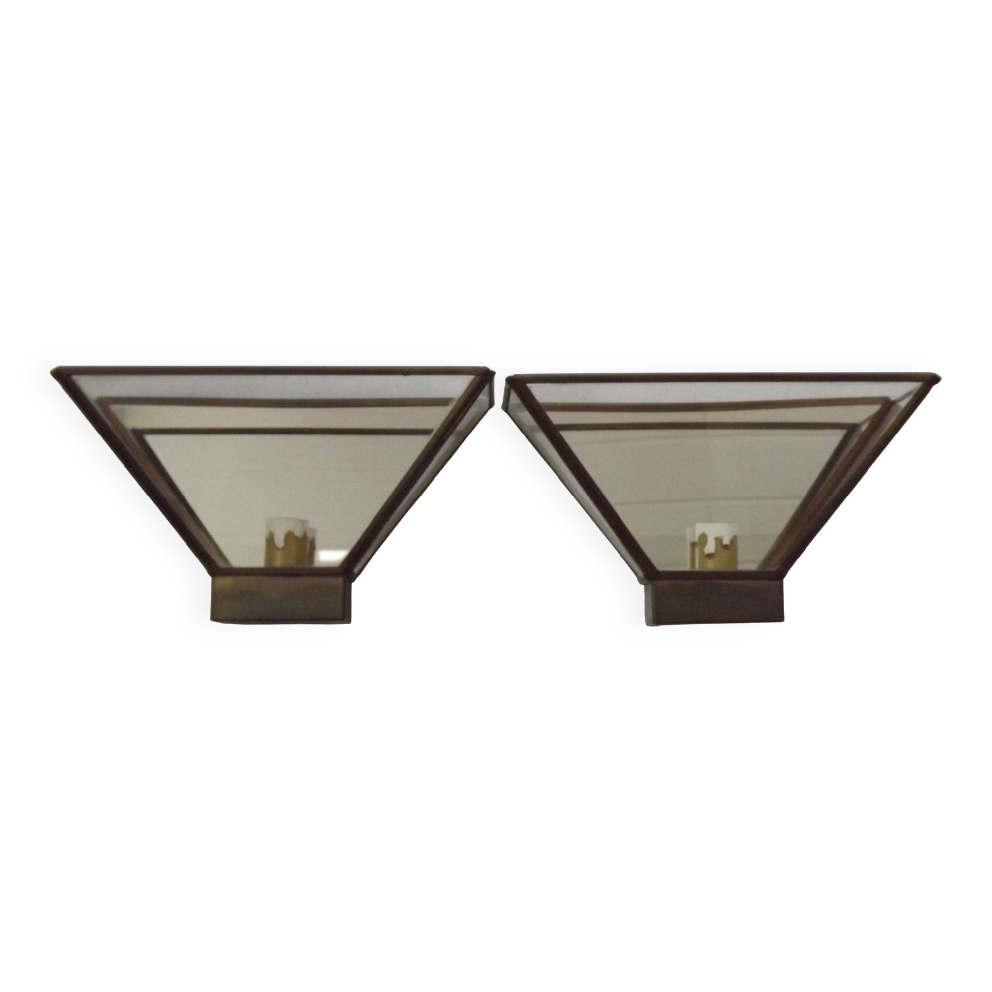 Matching Pair French Mid Century Copper & Glass Single Mirrored Wall Lights 5138