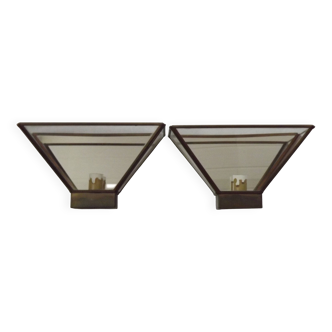 Matching Pair French Mid Century Copper & Glass Single Mirrored Wall Lights 5138