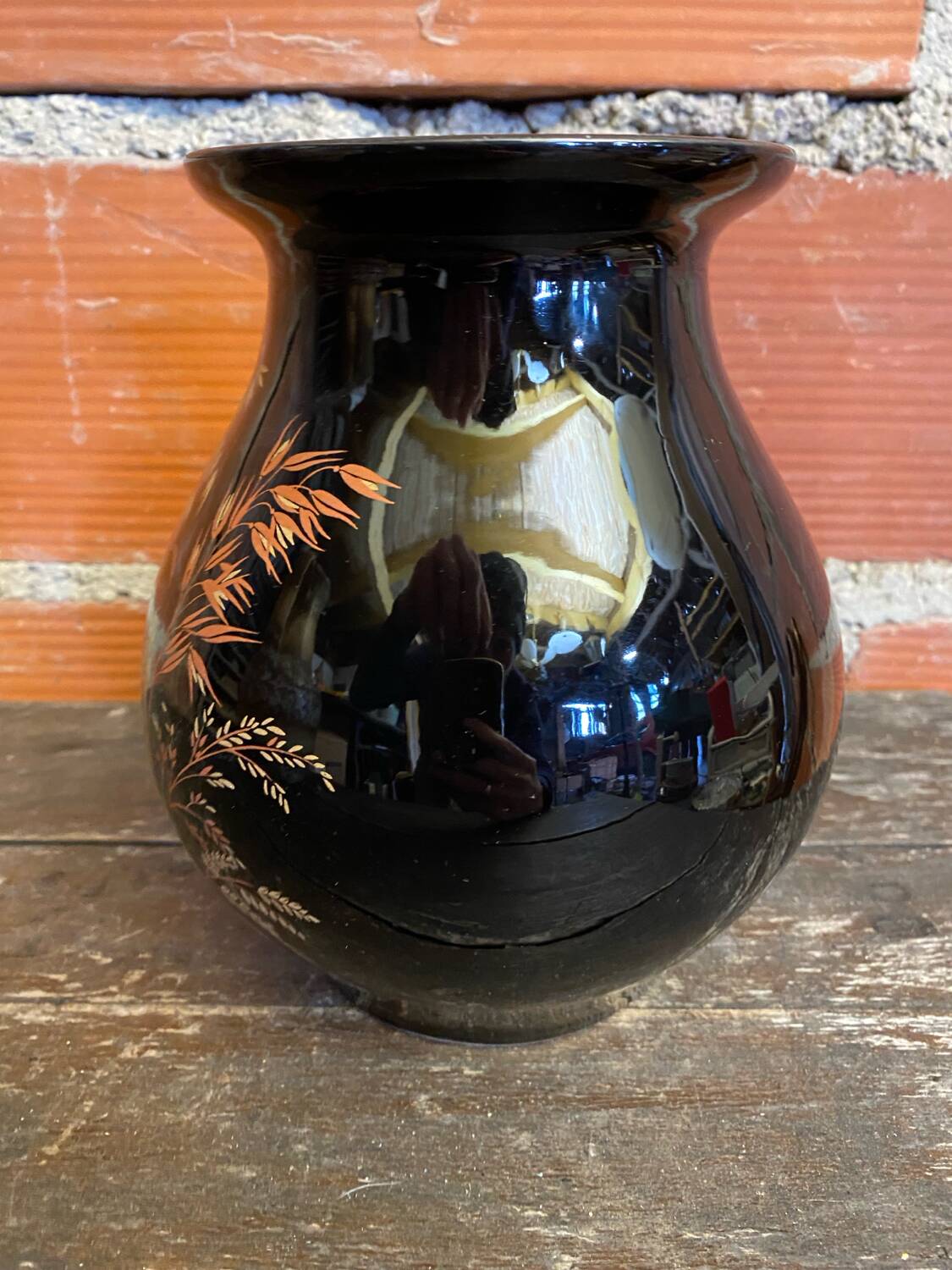 Antique st clement vase black ceramic painted decor vintage