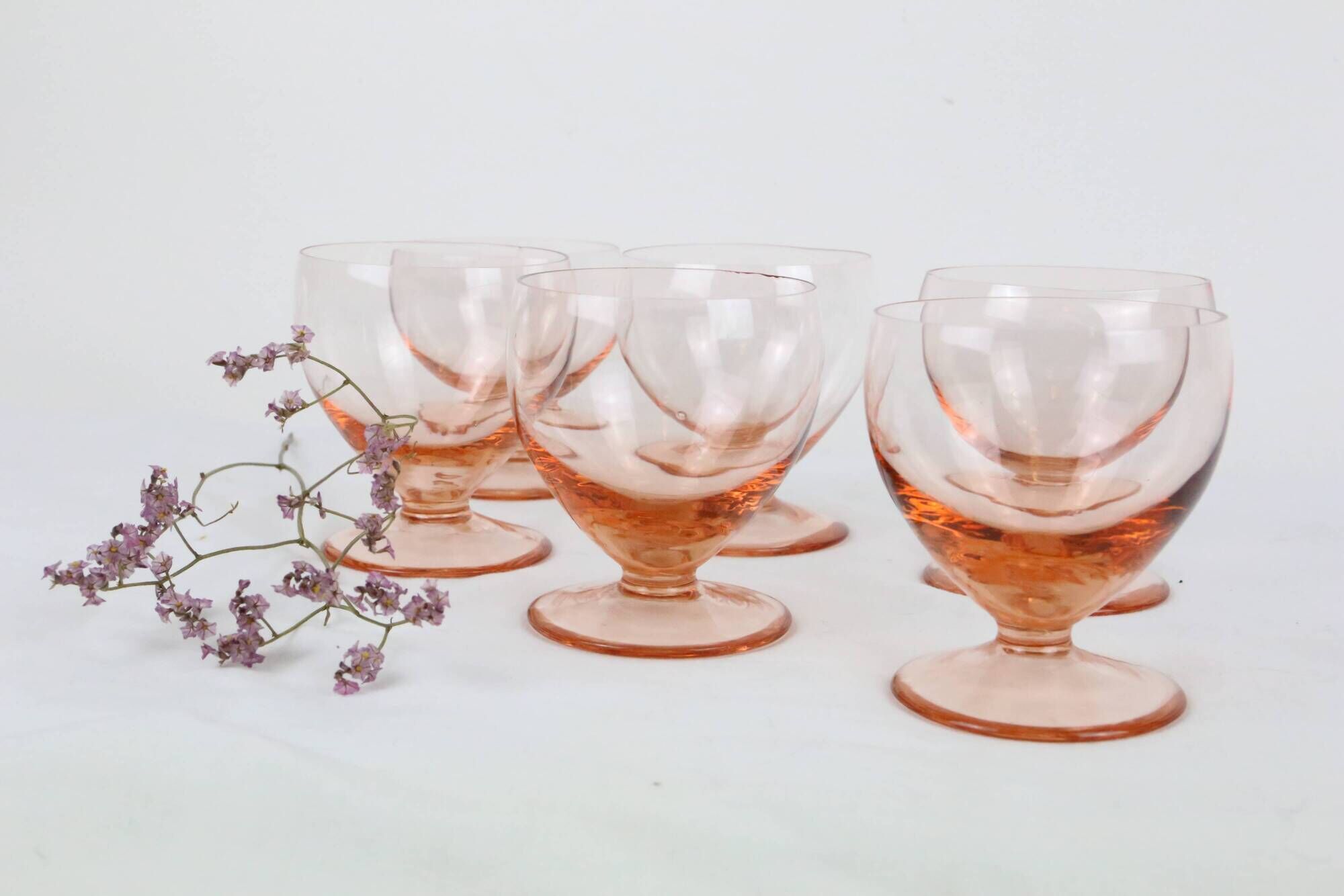 Set of 6 walking glasses in pink crystal, vintage, 1950, mid century