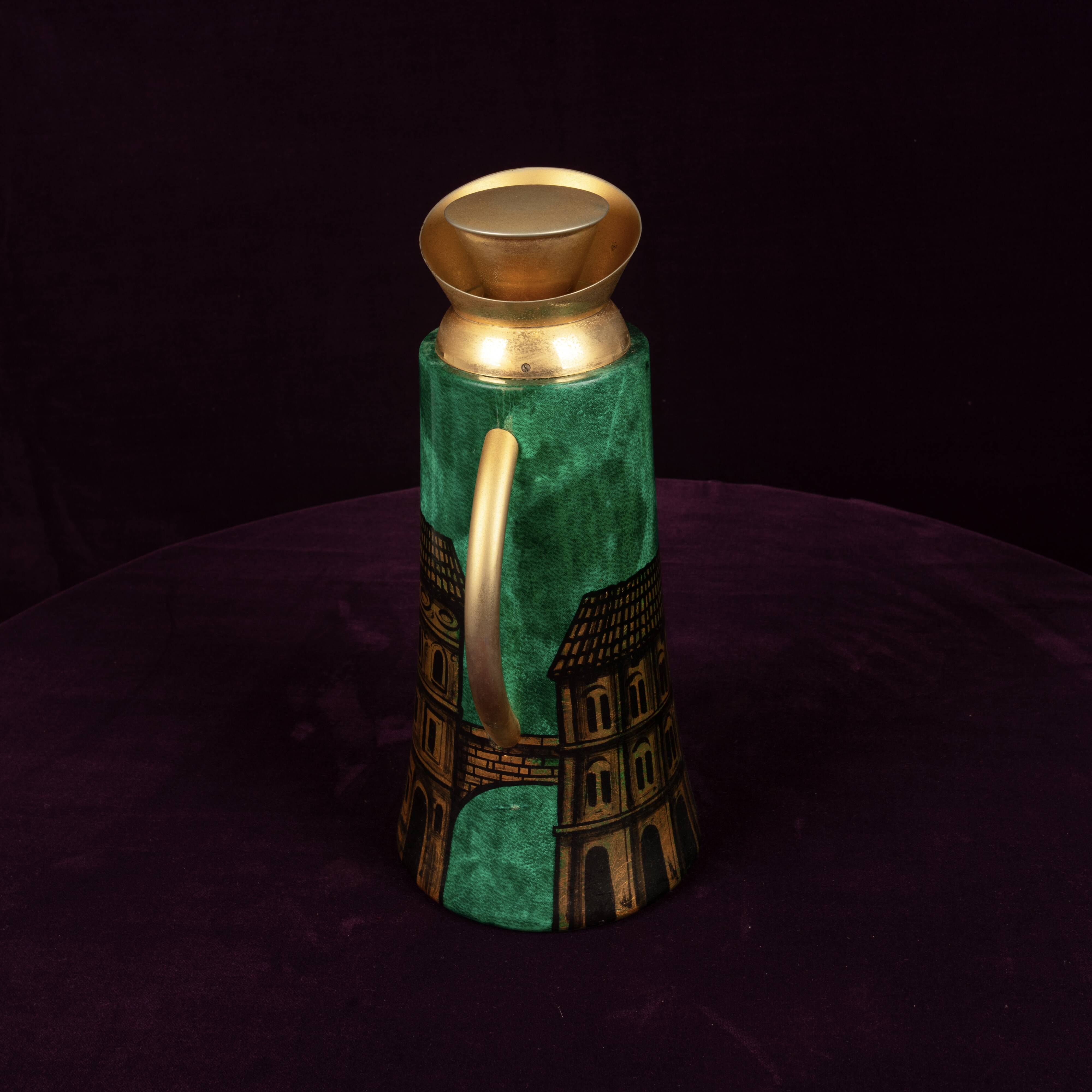 Aldo Tura Mod. 968D Hand-Decorated Green Goatskin Parchment Thermos Italy 1960