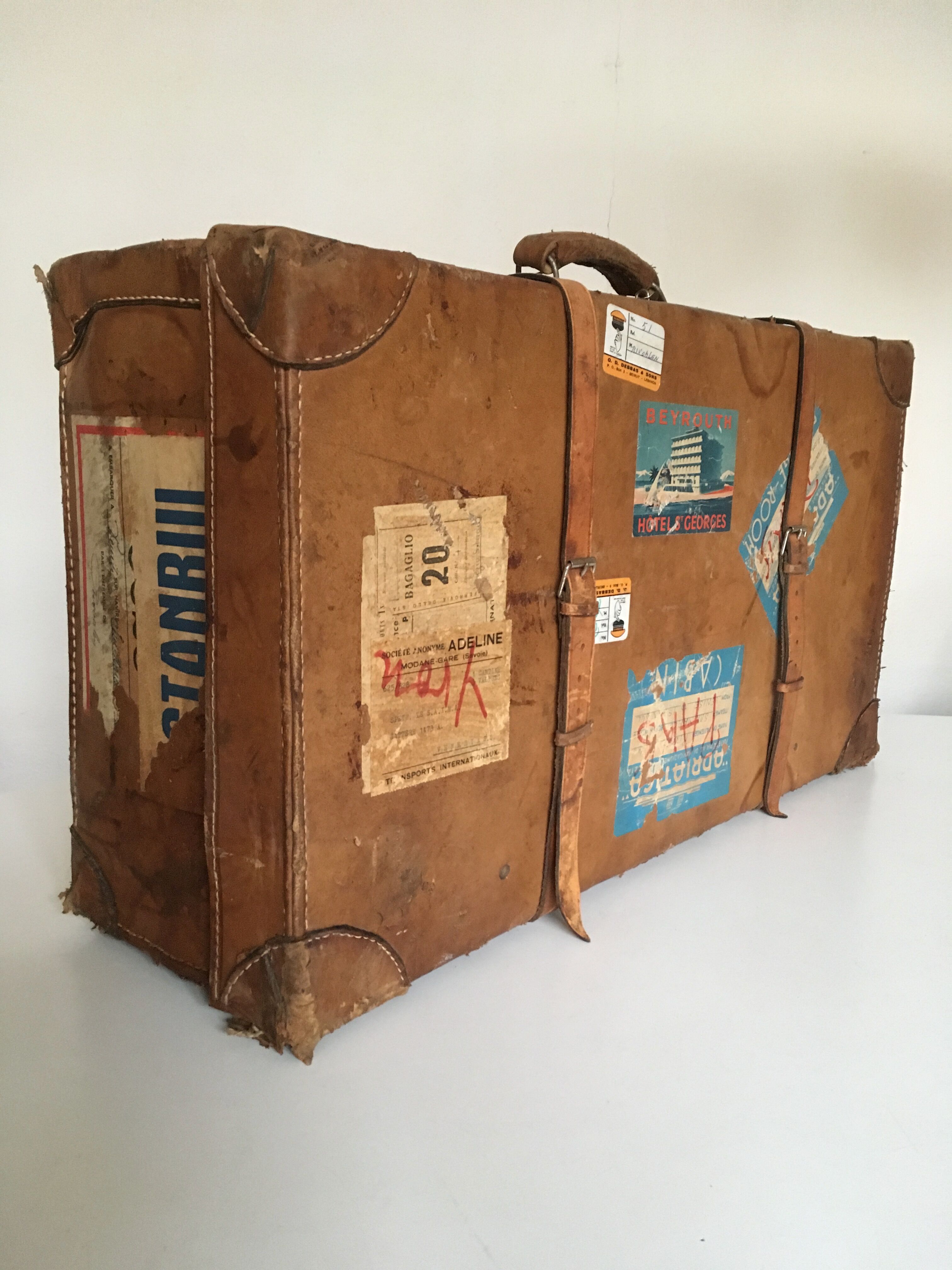 suitcase of leather with labels of palaces