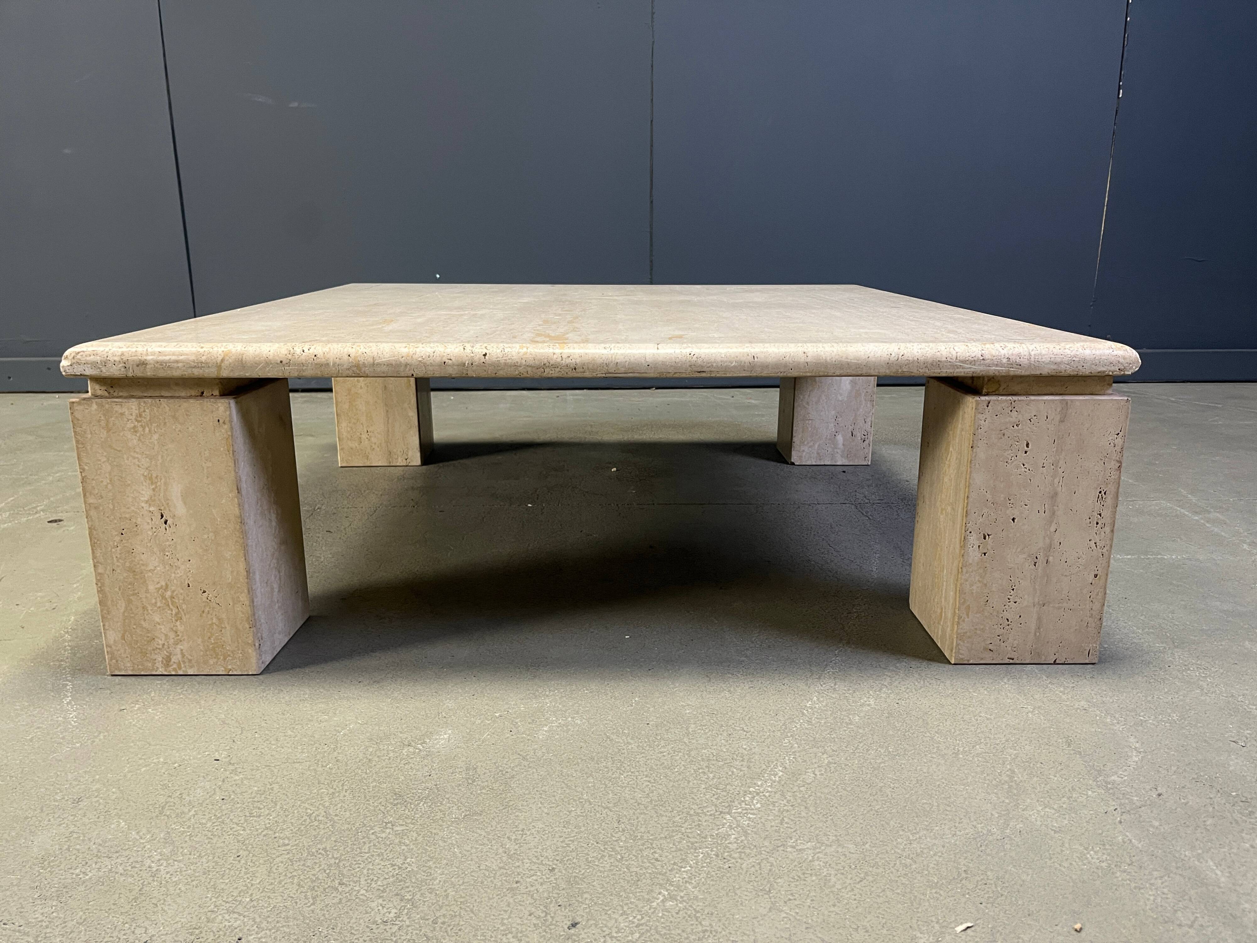 Vintage square four legged travertine coffee table, 1970s