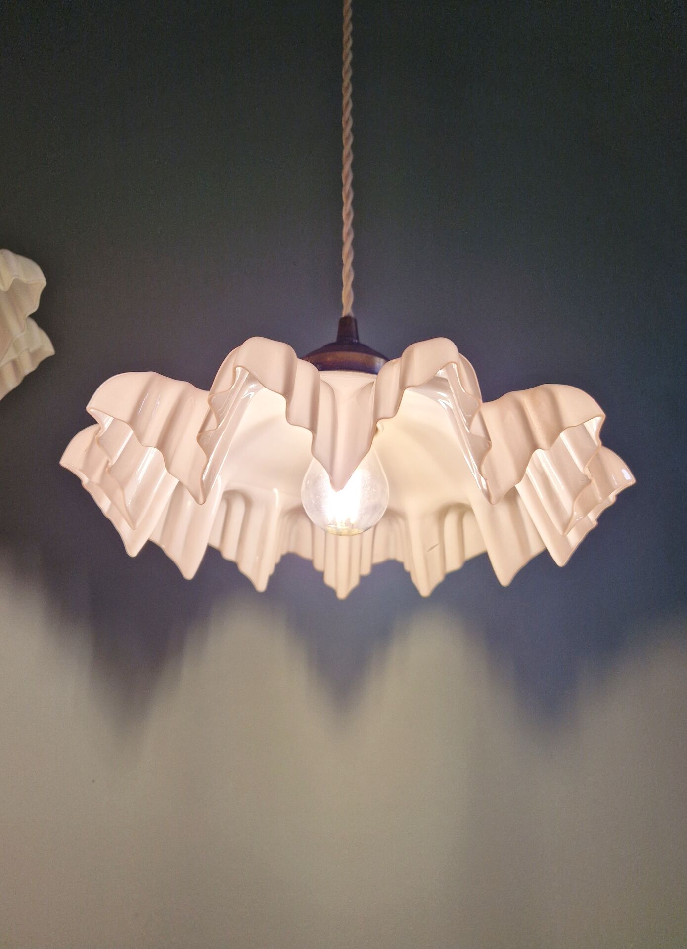 Art Deco trio of suspensions in coloured frilled opaline, 1920-30.