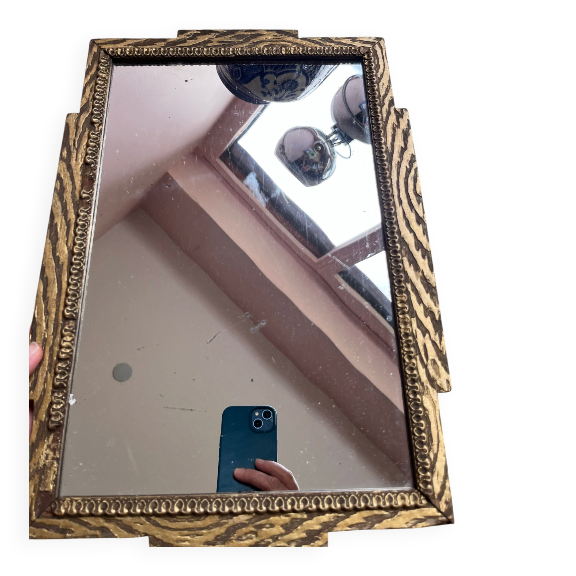 Rare striped Art Deco antique wooden mirror