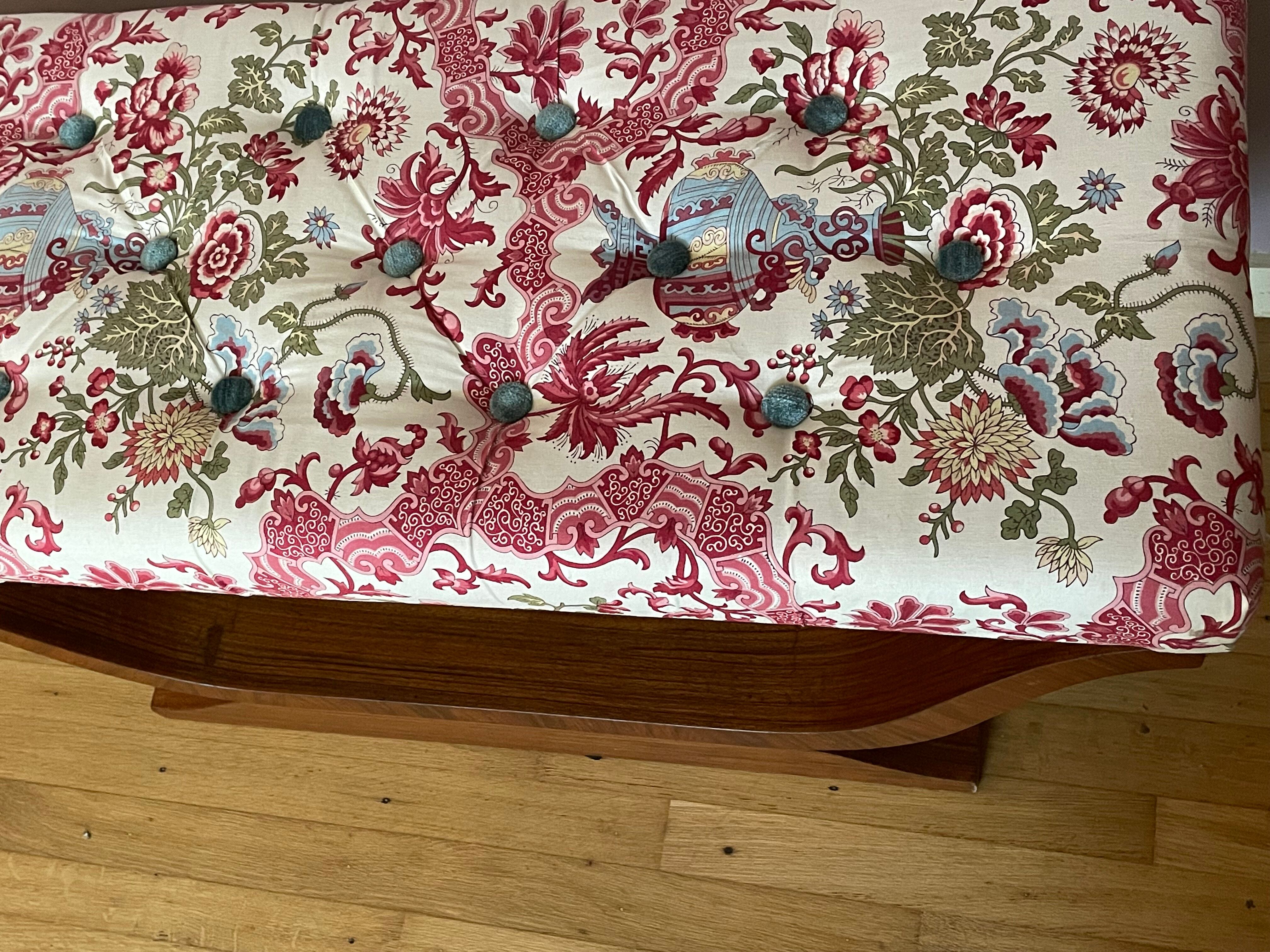 Art-deco walnut bench with floral fabric