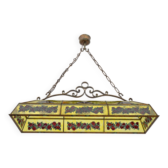 Rustic Hand-Painted Wrought Iron and Glass Pendant Chandelier, 1960s