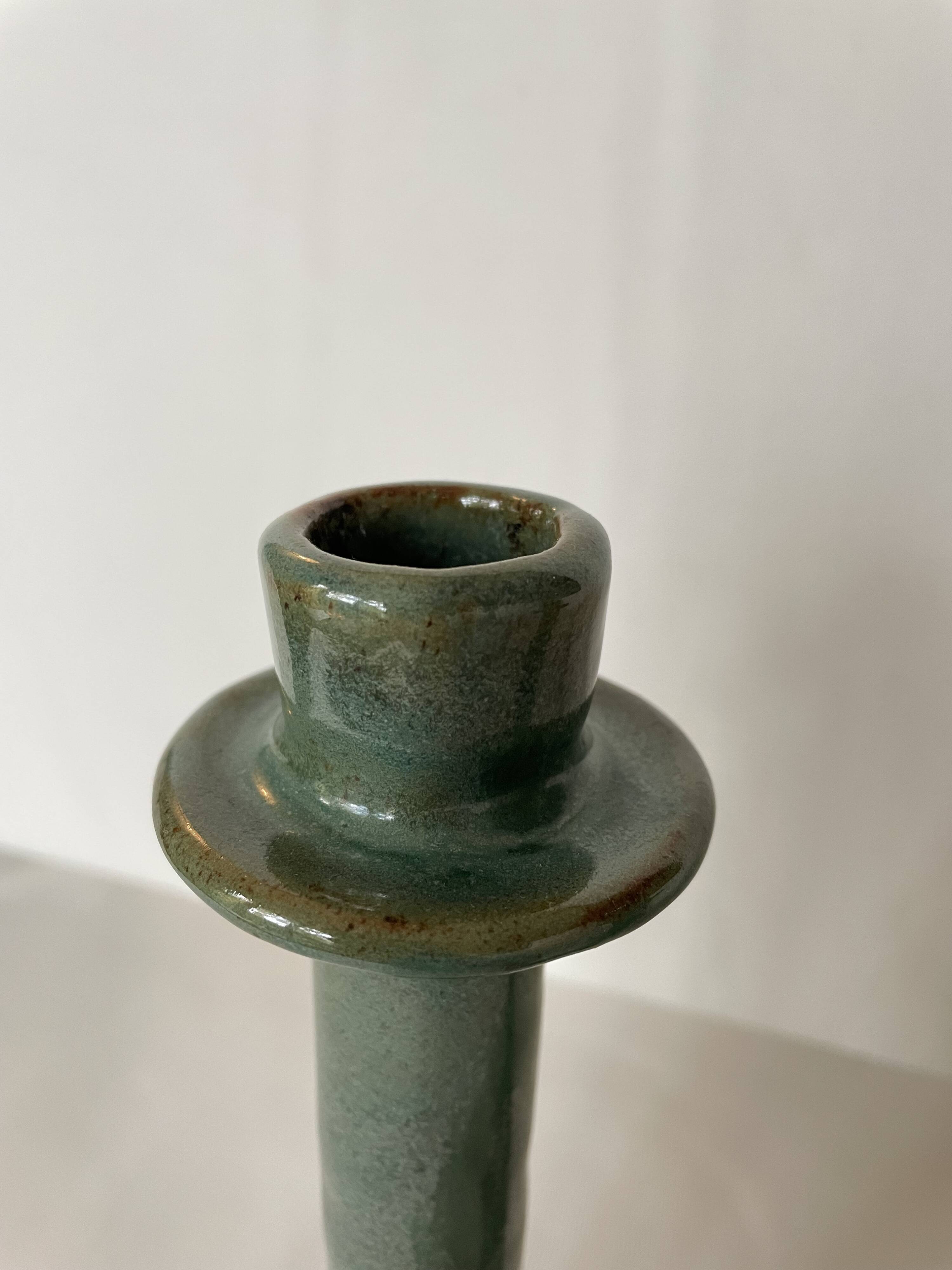 Set de 2 bougeoirs vert foncé, céramique émaillée